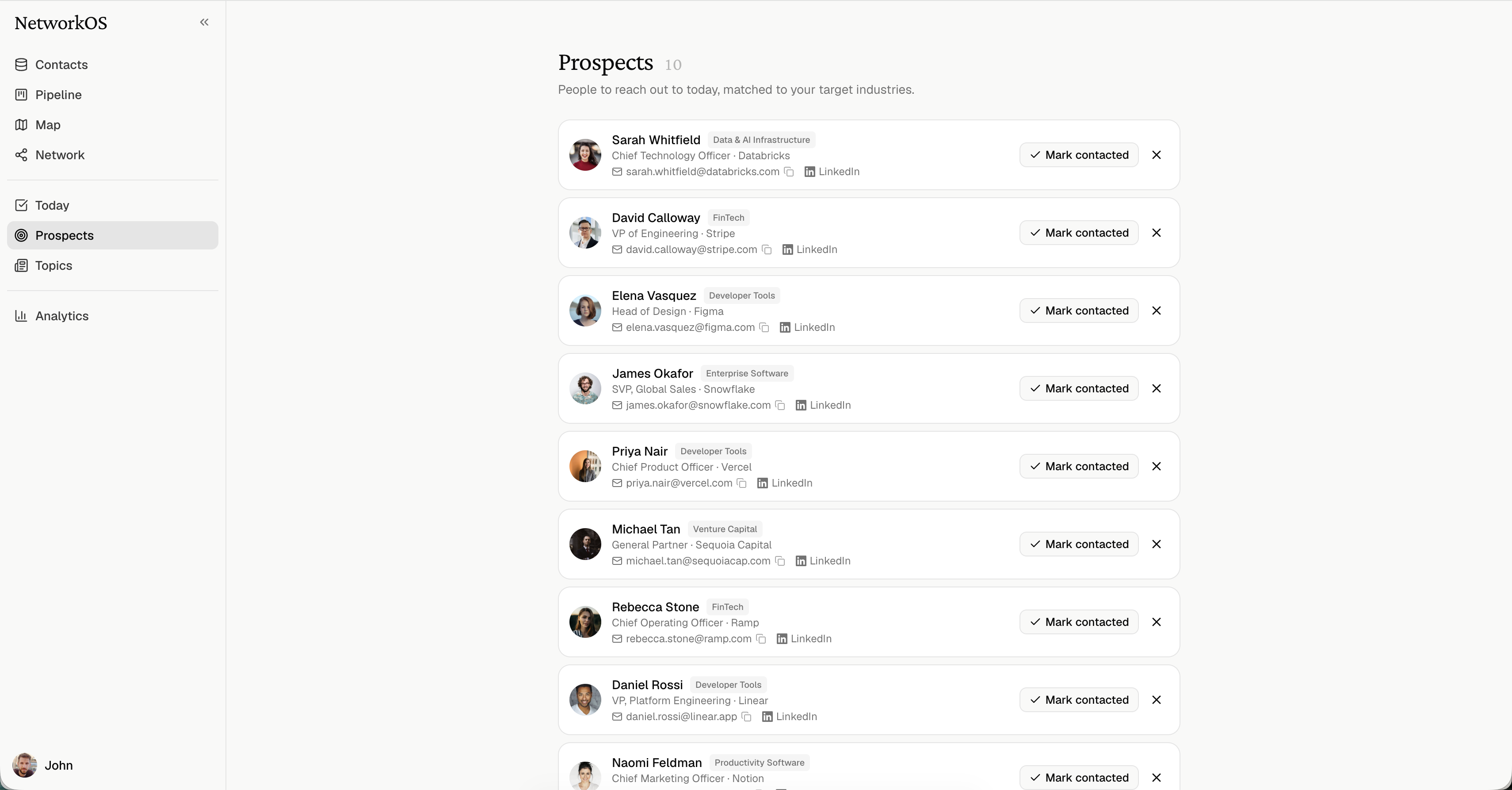 NetworkOS daily contact recommendations