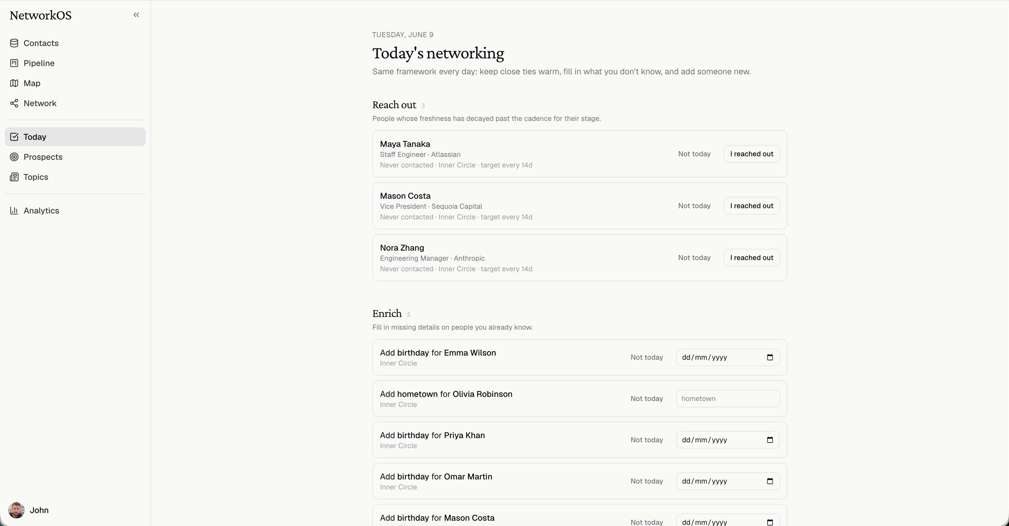 NetworkOS daily networking to-do list and relationship pipeline